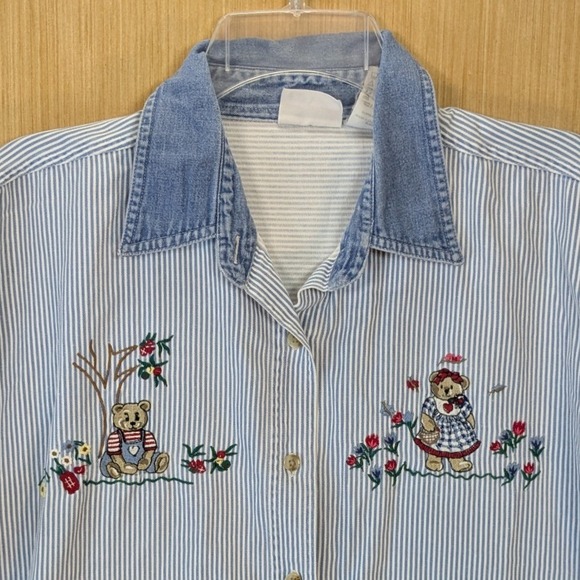Bobbie Brooks Tops - Vintage Bobbie Brooks 90s Embroidered Teddy Bear Stripe Shirt Denim Collar Large